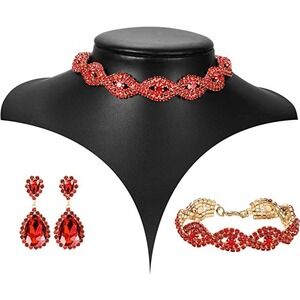 Ruby Red Crystal Necklace Set CZ Cubic Rhinestone Necklace Bracelet Earrings Set